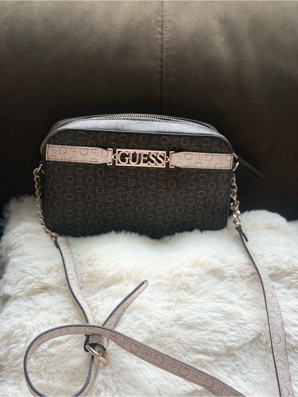 GUESS Brown and Beige Logo Crossbody with Gold Hardware